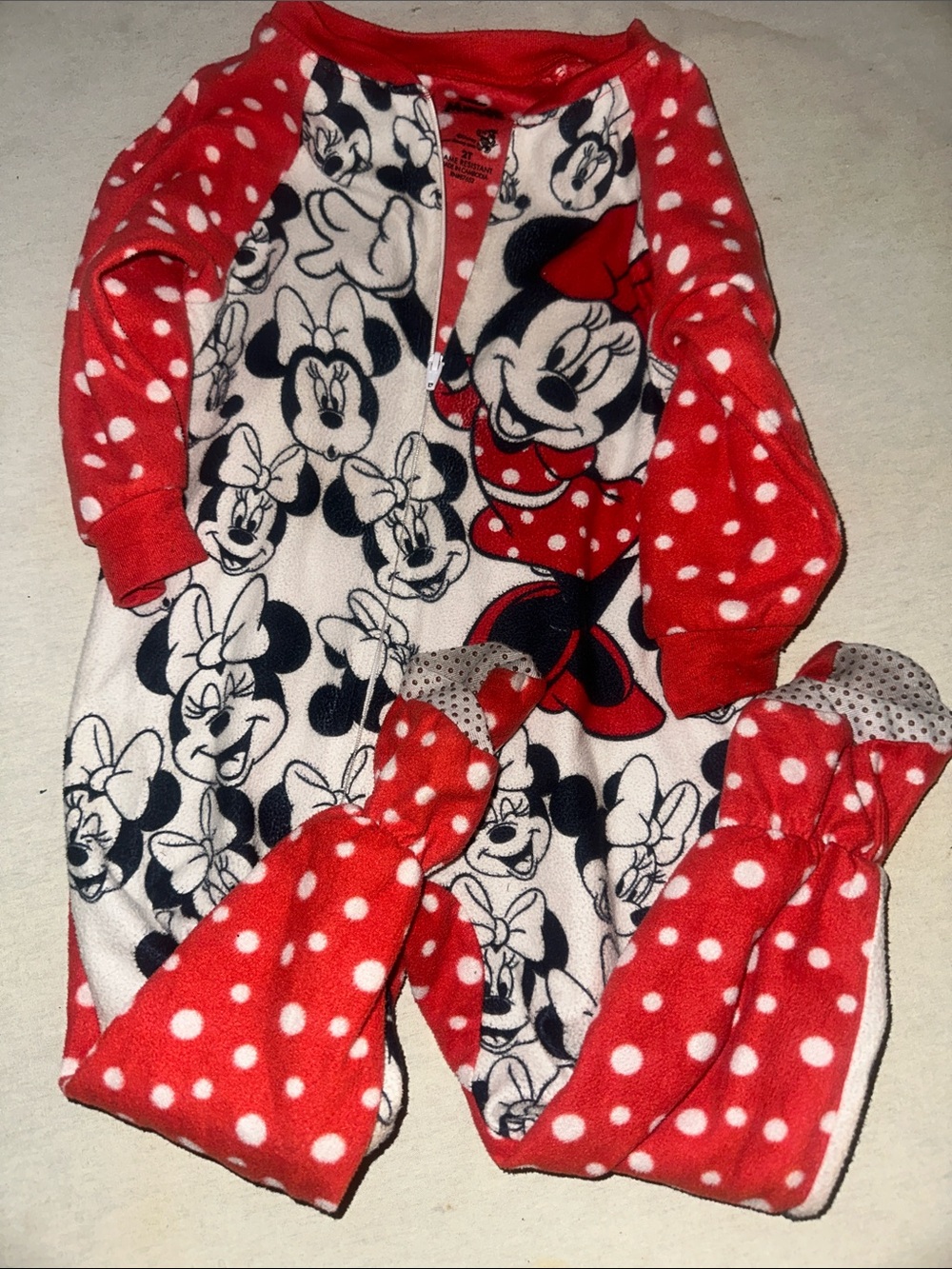 Kids Size 2T Disney Red and White Polka Dot Minnie Mouse Fleece Sleeper